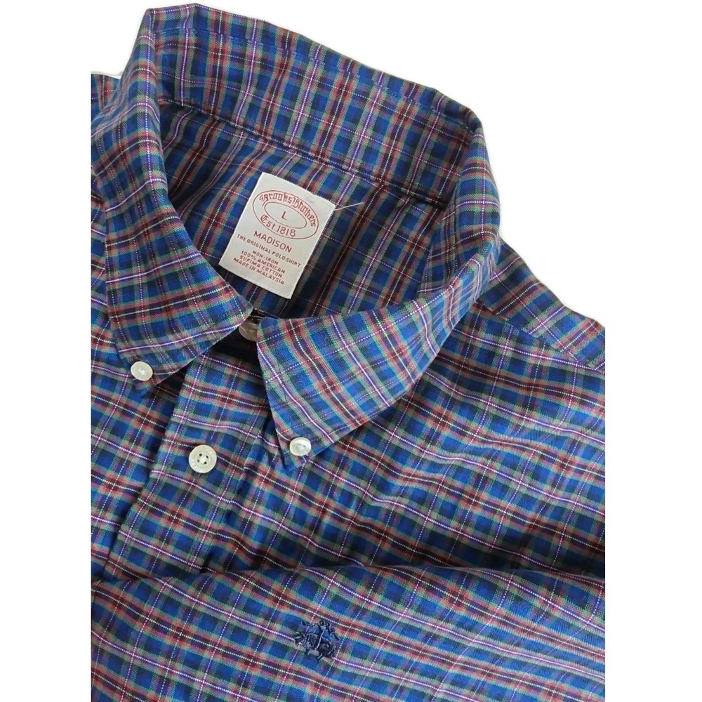 Brooks Brothers SUPIMA COTTON Button Down Shirt L Blue Plaid Non Iron Cotton